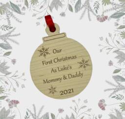 Personalised First Christmas Mummy & Daddy Bauble Gift, Wooden Engraved 1st As New Parents, Christmas, Parent - thumbnail 1