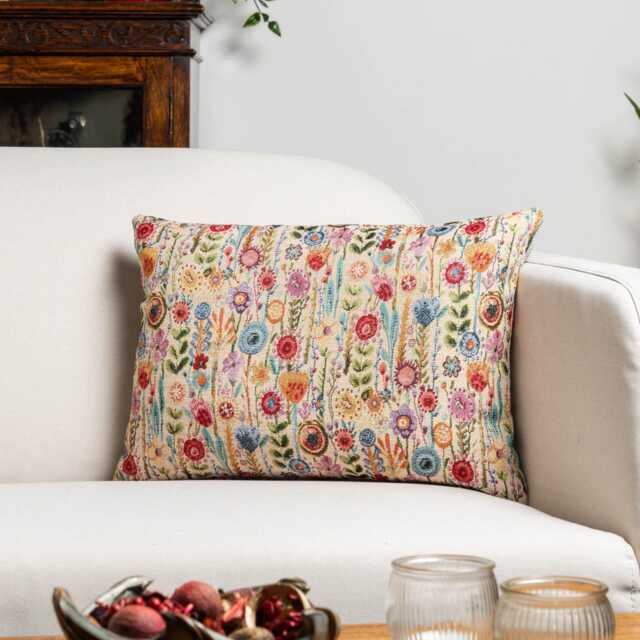 Secret Garden Tapestry Boudoir Cushion. Wildflower Floral Design in Multicoloured. 17x12 - image 1
