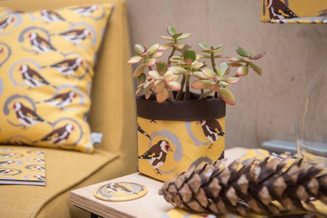 Goldfinch Print Fabric Plant Pot - Waterproof Textile Basket