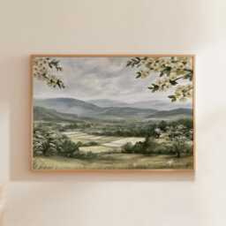 Blossom Mountain Poster, Green Valley Print, Nature Wall Art, Paper - thumbnail 1