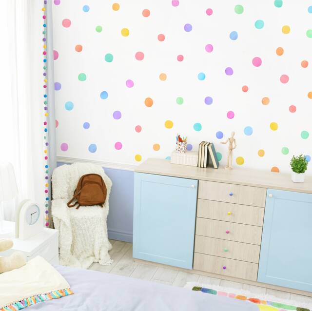 Watercolor Rainbow Polka Dot Decals - Nursery Wall Decor, Kids Room Art, Removable, Reusable Fabric Stickers - image 1