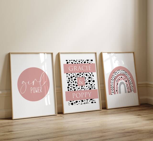 Rainbow Prints, Dalmatian Print Nursery Dusty Pink, Girls Wall Decor, Art, Set Of 3 Prints, Kids Prints - image 1