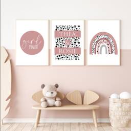 Rainbow Prints, Dalmatian Print Nursery Dusty Pink, Girls Wall Decor, Art, Set Of 3 Prints, Kids Prints - thumbnail 2