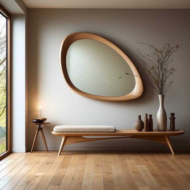 Asymmetrical Wooden Wall Mirror With Organic Frame, Handmade For Living Room Decoration - image 1