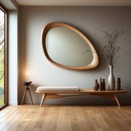 Asymmetrical Wooden Wall Mirror With Organic Frame, Handmade For Living Room Decoration - thumbnail 1