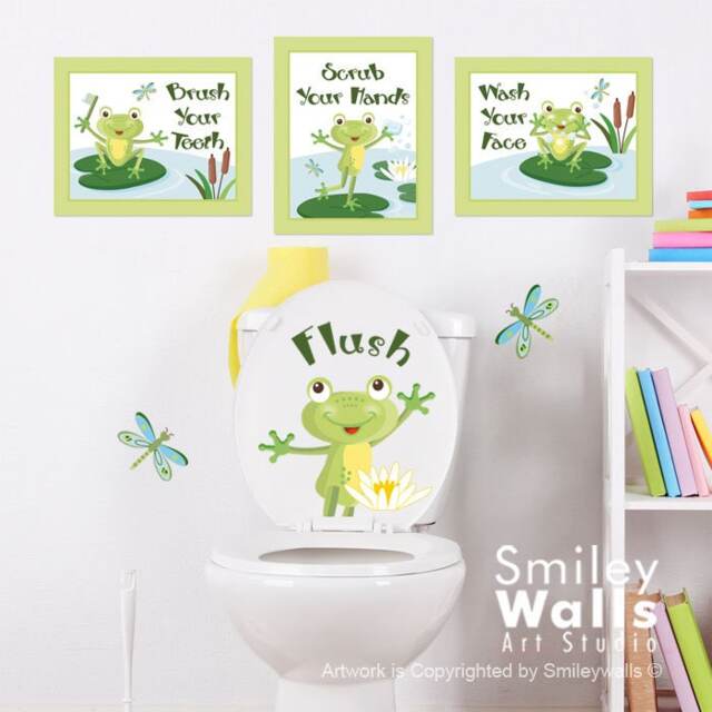 Kids Bathroom Wall Art, Prints Stickers, Frogs Decal For Decor, Door Sign Art - image 1