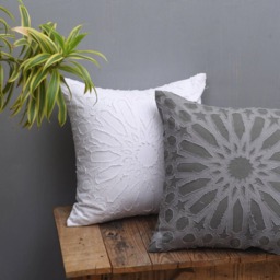 "Grey Arabesque Applique' Pillow Cover With Geometrical Pattern in Cotton Size 16""x16" - thumbnail 4