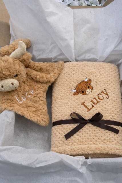 Personalised Baby Blanket Gift Box Highland Cow Comfort Toy Embroidered Newborn Shower