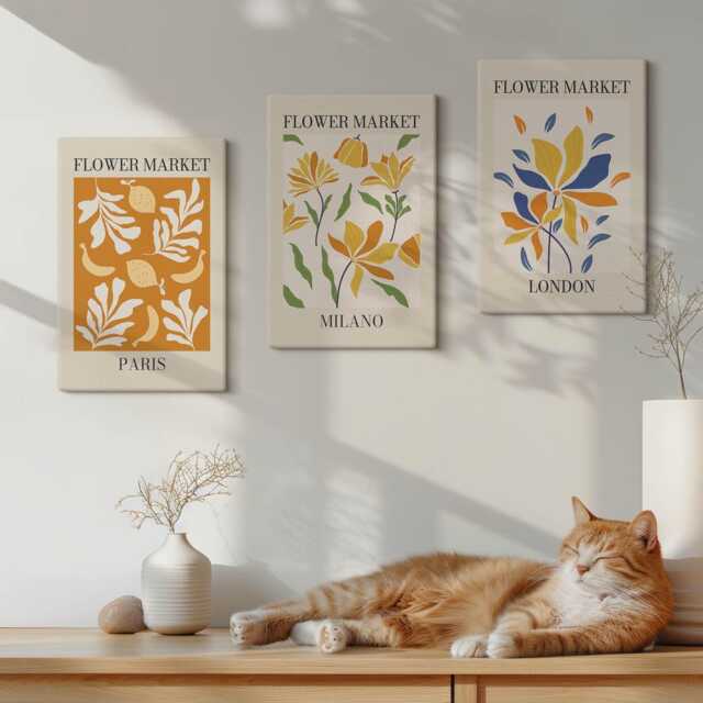 Canvas Art Set Of 3 - Floral Posters Paris Milan London, Yellow Picture Print, Plants & Flowers Wall Decor - image 1