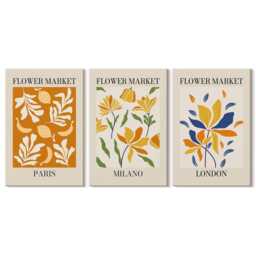 Canvas Art Set Of 3 - Floral Posters Paris Milan London, Yellow Picture Print, Plants & Flowers Wall Decor - thumbnail 3