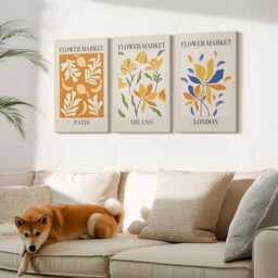 Canvas Art Set Of 3 - Floral Posters Paris Milan London, Yellow Picture Print, Plants & Flowers Wall Decor - thumbnail 2