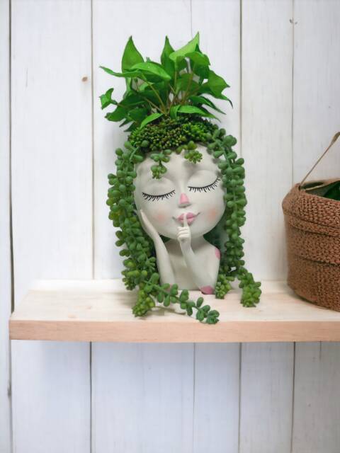 Girl Head Planter With Artificial Succulent Arrangement, Whimsical Botanical Decor - image 1