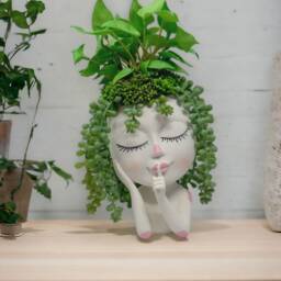 Girl Head Planter With Artificial Succulent Arrangement, Whimsical Botanical Decor - thumbnail 2
