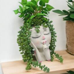 Girl Head Planter With Artificial Succulent Arrangement, Whimsical Botanical Decor - thumbnail 3