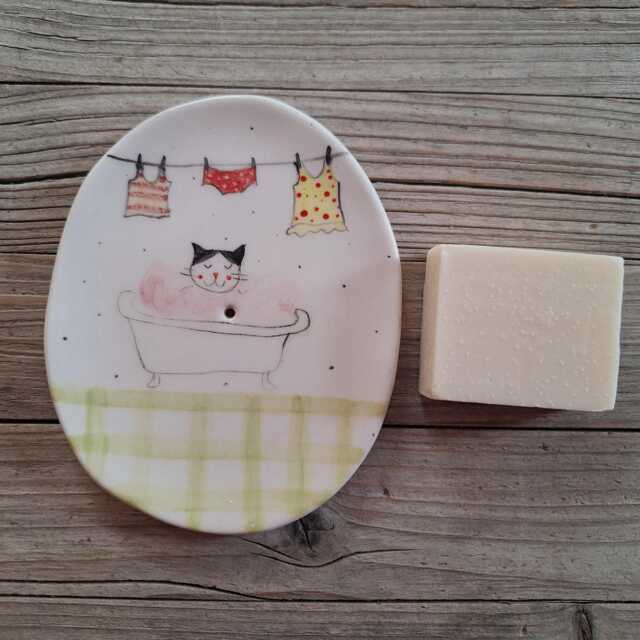 Handmade Cute Pottery Soap Dish With Tuxedo Cat Illustration - image 1