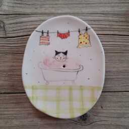 Handmade Cute Pottery Soap Dish With Tuxedo Cat Illustration - thumbnail 2