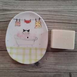 Handmade Cute Pottery Soap Dish With Tuxedo Cat Illustration - thumbnail 1