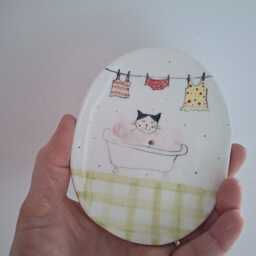 Handmade Cute Pottery Soap Dish With Tuxedo Cat Illustration - thumbnail 4