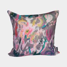 Abstract Watercolour Floral Velvet Cushion - Grey - thumbnail 2