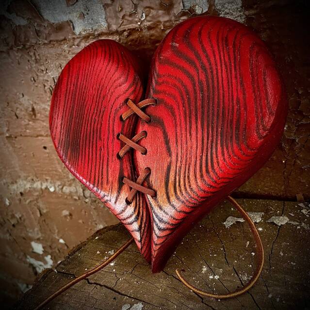 Handmade Wood Heart Leather Stitched Wall Decor Rustic Art - image 1