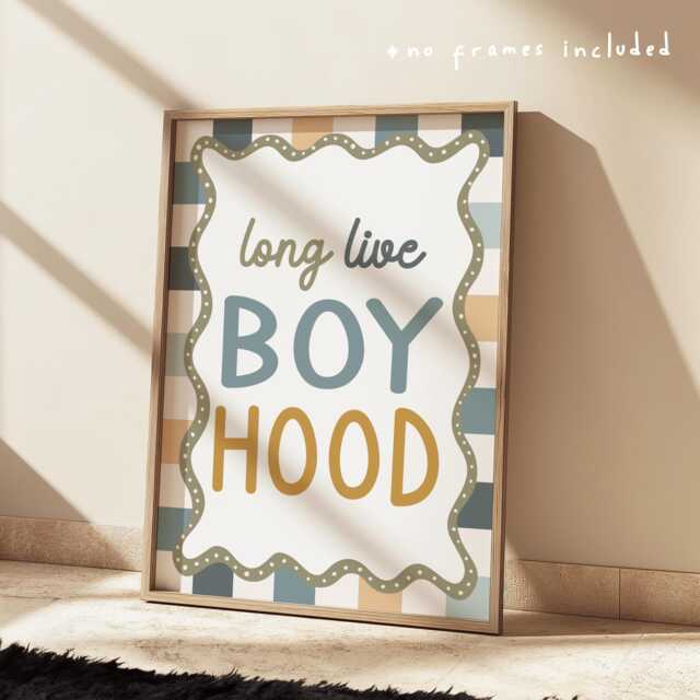 Long Live Boyhood Print in Blue & Sage Green, Checkered Pattern Boys Prints, Kids Retro Bedroom Playroom, Scandi Nursery Decor - image 1