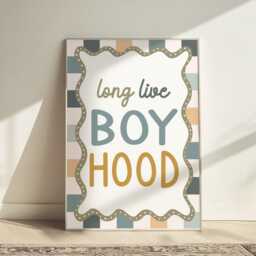 Long Live Boyhood Print in Blue & Sage Green, Checkered Pattern Boys Prints, Kids Retro Bedroom Playroom, Scandi Nursery Decor - thumbnail 3