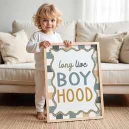 Long Live Boyhood Print in Blue & Sage Green, Checkered Pattern Boys Prints, Kids Retro Bedroom Playroom, Scandi Nursery Decor - thumbnail 2