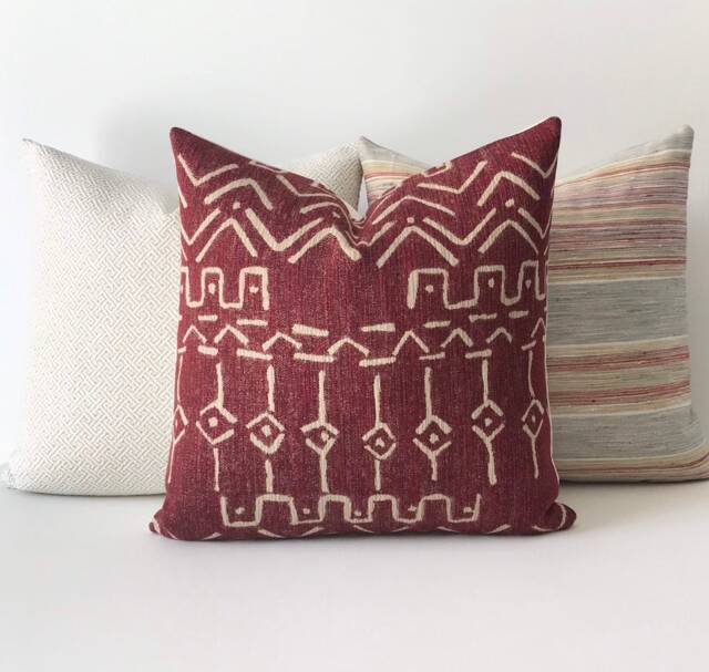 Red Burgundy Chenille Tribal Mud Cloth Geometric Print Decorative Pillow Cover - image 1