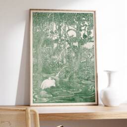 Antique Nature Wall Art, Van Hoytema Two Herons, Forest Illustration, Vintage Monochrome Canvas, Floral Green Fine Pond Birds Poster - thumbnail 3