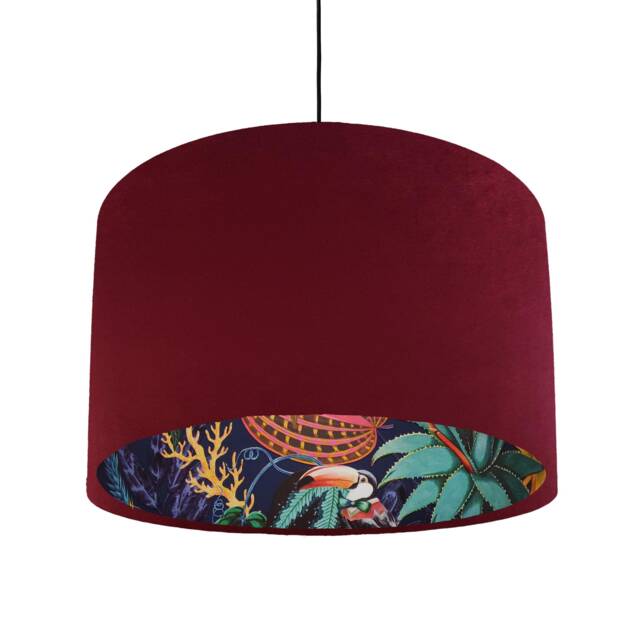 Red Velvet Lampshade With Tropical Wonderland Lining, Large Ceiling Lightshade - image 1