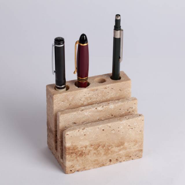 Handmade Beige Travertine Pencil Holder Natural Stone Desk Organizer - image 1