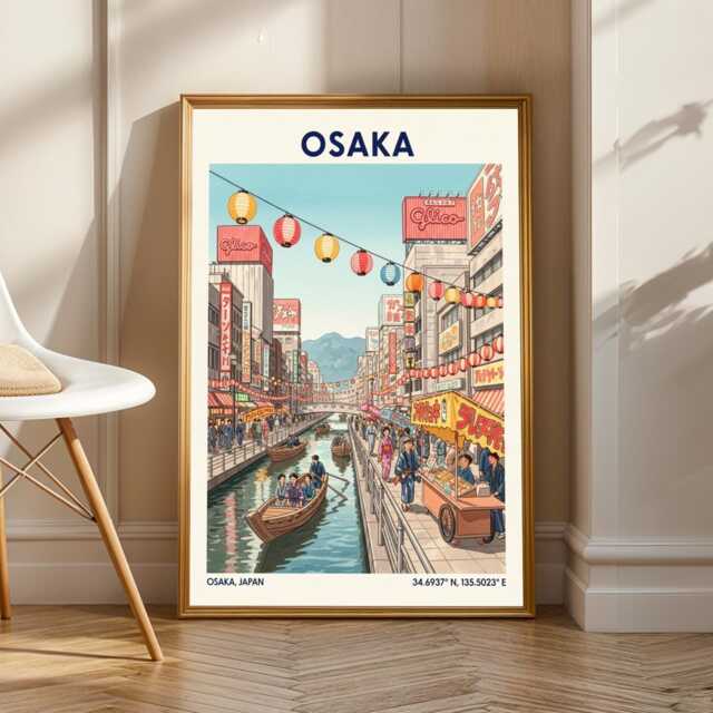 Osaka Canal Scene Print Japanese Cityscape Gouache Illustration - image 1
