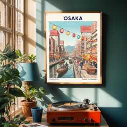 Osaka Canal Scene Print Japanese Cityscape Gouache Illustration - thumbnail 2