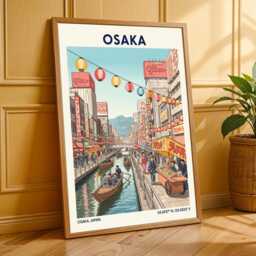 Osaka Canal Scene Print Japanese Cityscape Gouache Illustration - thumbnail 3