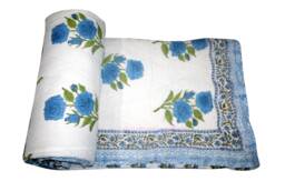 Floral Print Kantha Quilt, Handmade Indian Cotton Blanket Throw - thumbnail 1