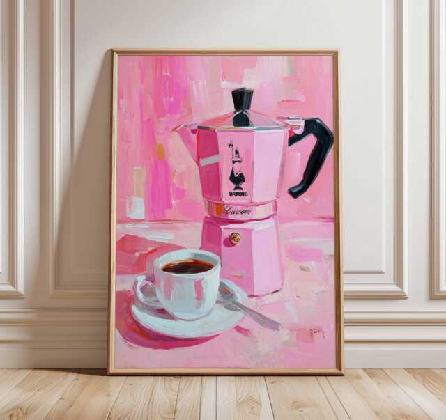 Pink Coffee Pot Wall Art, Italian Espresso Maker Print, Retro Kitchen Decor With Cup Of Coffee Painting, Vibrant Pink Art For Cafe Or Home - image 1