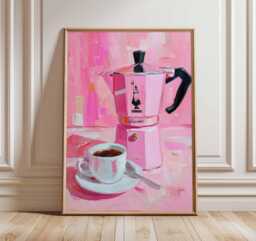 Pink Coffee Pot Wall Art, Italian Espresso Maker Print, Retro Kitchen Decor With Cup Of Coffee Painting, Vibrant Pink Art For Cafe Or Home - thumbnail 1