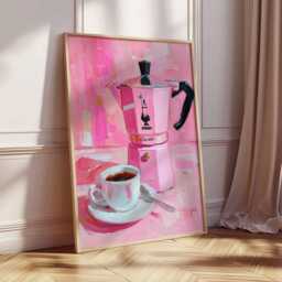 Pink Coffee Pot Wall Art, Italian Espresso Maker Print, Retro Kitchen Decor With Cup Of Coffee Painting, Vibrant Pink Art For Cafe Or Home - thumbnail 2