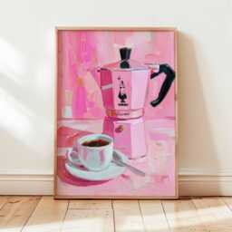 Pink Coffee Pot Wall Art, Italian Espresso Maker Print, Retro Kitchen Decor With Cup Of Coffee Painting, Vibrant Pink Art For Cafe Or Home - thumbnail 3