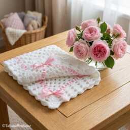 Baby Crochet Blanket With Satin Ribbon, White Gift, 3 Sizes - thumbnail 1
