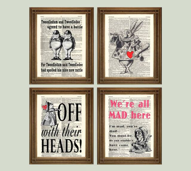 Alice in Wonderland Prints Lewis Carol Themed Art, Printed On Vintage Dictionary Pages - image 1