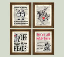 Alice in Wonderland Prints Lewis Carol Themed Art, Printed On Vintage Dictionary Pages - thumbnail 1