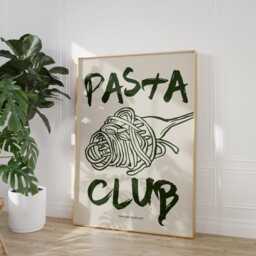 Pasta Club Print, Poster, Modern Dinning Room Art, Lover Gift, Kitchen Wall Retro Food Green Khaki 2574 - thumbnail 2