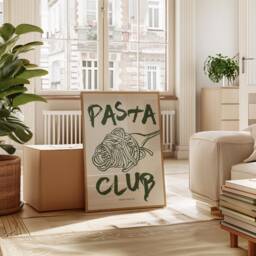 Pasta Club Print, Poster, Modern Dinning Room Art, Lover Gift, Kitchen Wall Retro Food Green Khaki 2574 - thumbnail 1