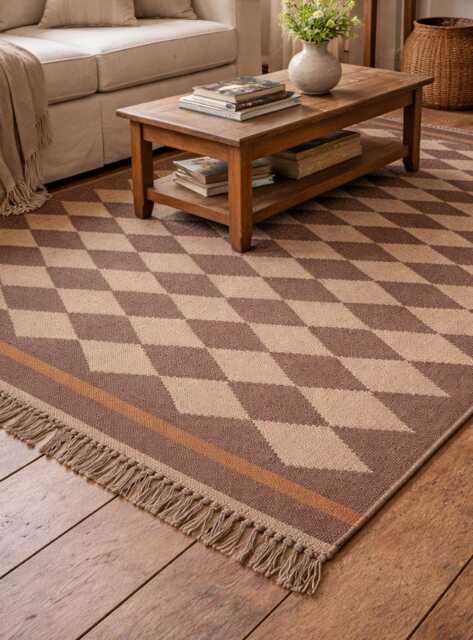 Handwoven Wool Jute Rug, Brown Diamond Geometric Flatweave - image 1