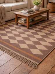 Handwoven Wool Jute Rug, Brown Diamond Geometric Flatweave - thumbnail 1