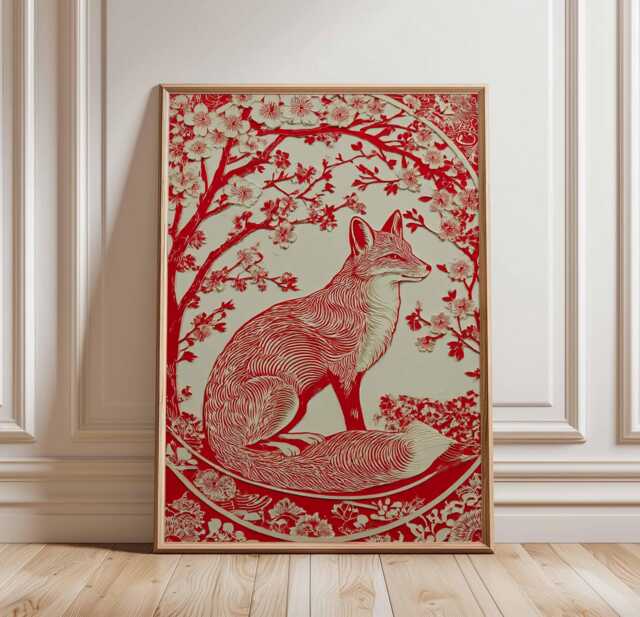 Red Fox Art Print, Cherry Blossom Poster, Japanese Woodcut Style Wall Art, Floral Animal Illustration, Folk Decor - image 1