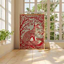 Red Fox Art Print, Cherry Blossom Poster, Japanese Woodcut Style Wall Art, Floral Animal Illustration, Folk Decor - thumbnail 3