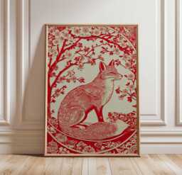 Red Fox Art Print, Cherry Blossom Poster, Japanese Woodcut Style Wall Art, Floral Animal Illustration, Folk Decor - thumbnail 1