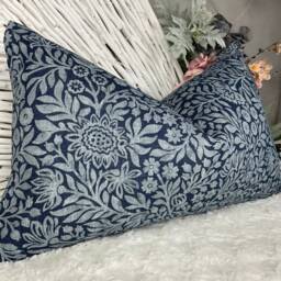 Floral Hidcote Print Cushion Cover. Navy Indigo Throw Pillow Cover 12 X 20 in /Handmade Double Sided Rectangle - thumbnail 1
